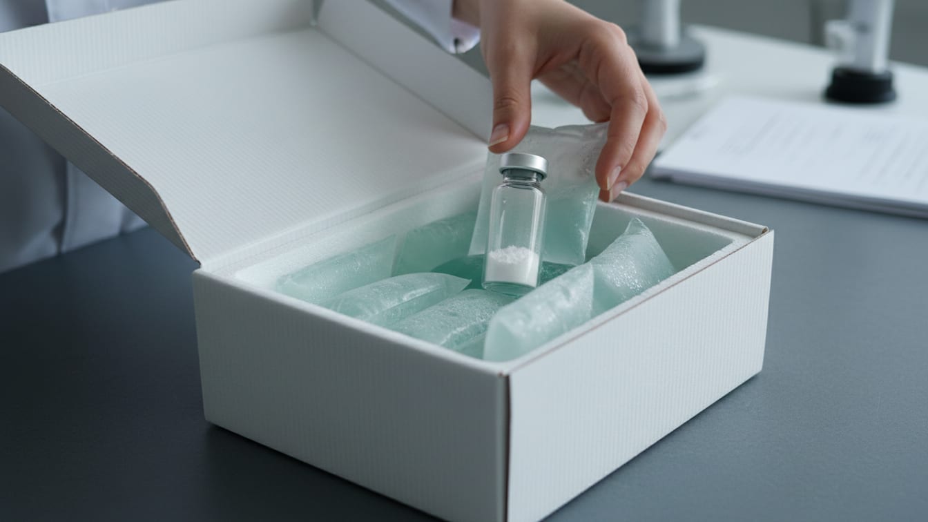 Illustration: Insulated shipping box with cold packs and a clear glass vial of white powder on a slate surface.