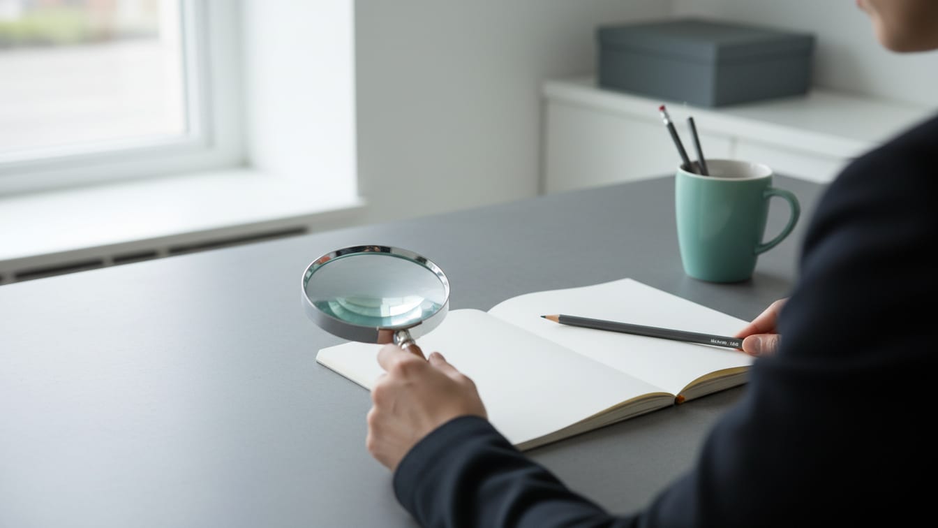 Illustration: A magnifying glass and blank notebook on a cool grey desk, suggesting careful review.