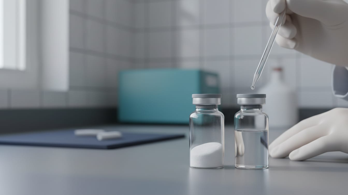 Illustration: A clear glass vial with powder next to a sealed diluent vial on a grey lab bench.