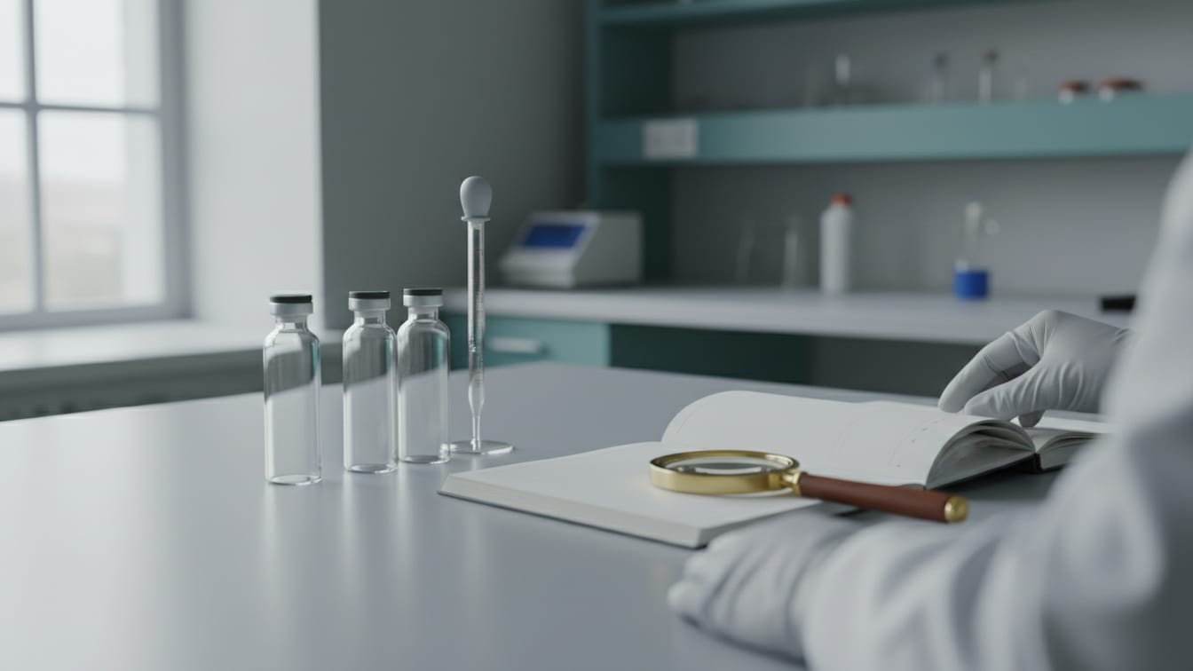 Illustration: Empty clear glass vials, pipette, and a magnifier on a cool grey lab bench.