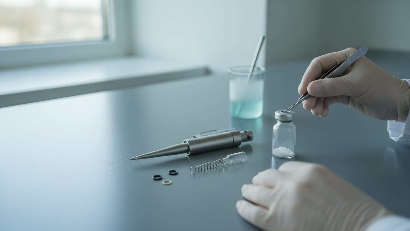 Illustration: A partially disassembled pipette next to a clear glass vial with white powder on a cool grey lab bench.