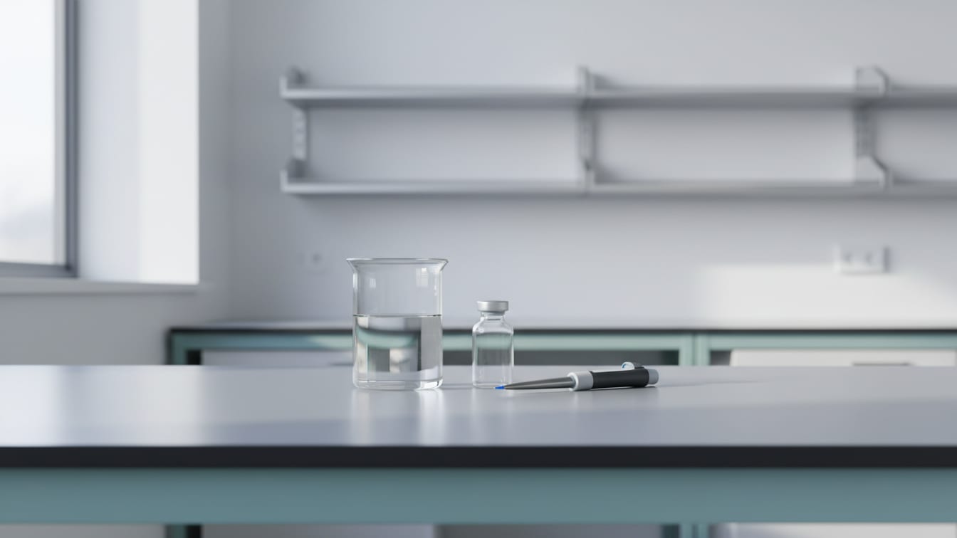 Illustration: A beaker with liquid, an empty vial, and a pipette on a cool grey lab bench.