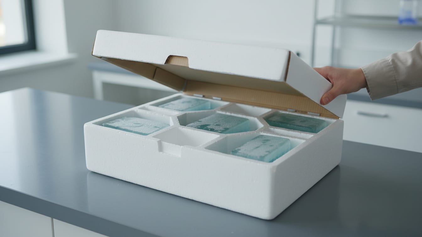 Illustration: Insulated shipping box with foam inserts and cold packs on a cool grey surface.