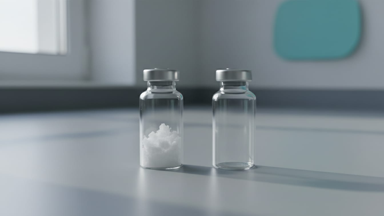 Illustration: Two clear glass vials, one containing white powder, on a cool grey lab bench.
