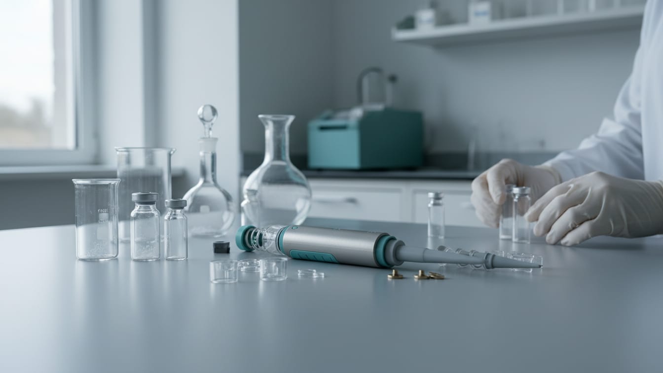 Illustration: A partially disassembled pipette and glass vials with powder on a cool grey lab bench.