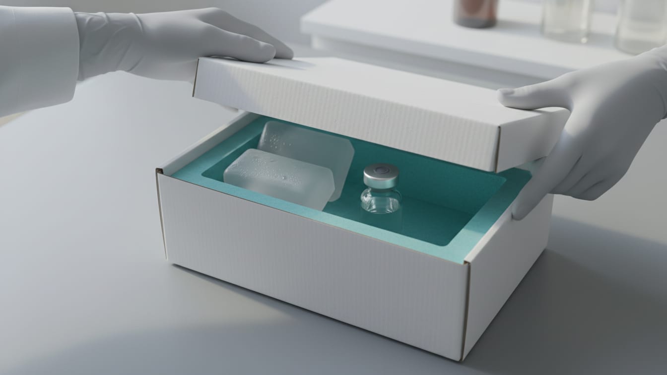 Illustration: An insulated shipping box with cold packs and a clear glass vial on a cool grey surface.