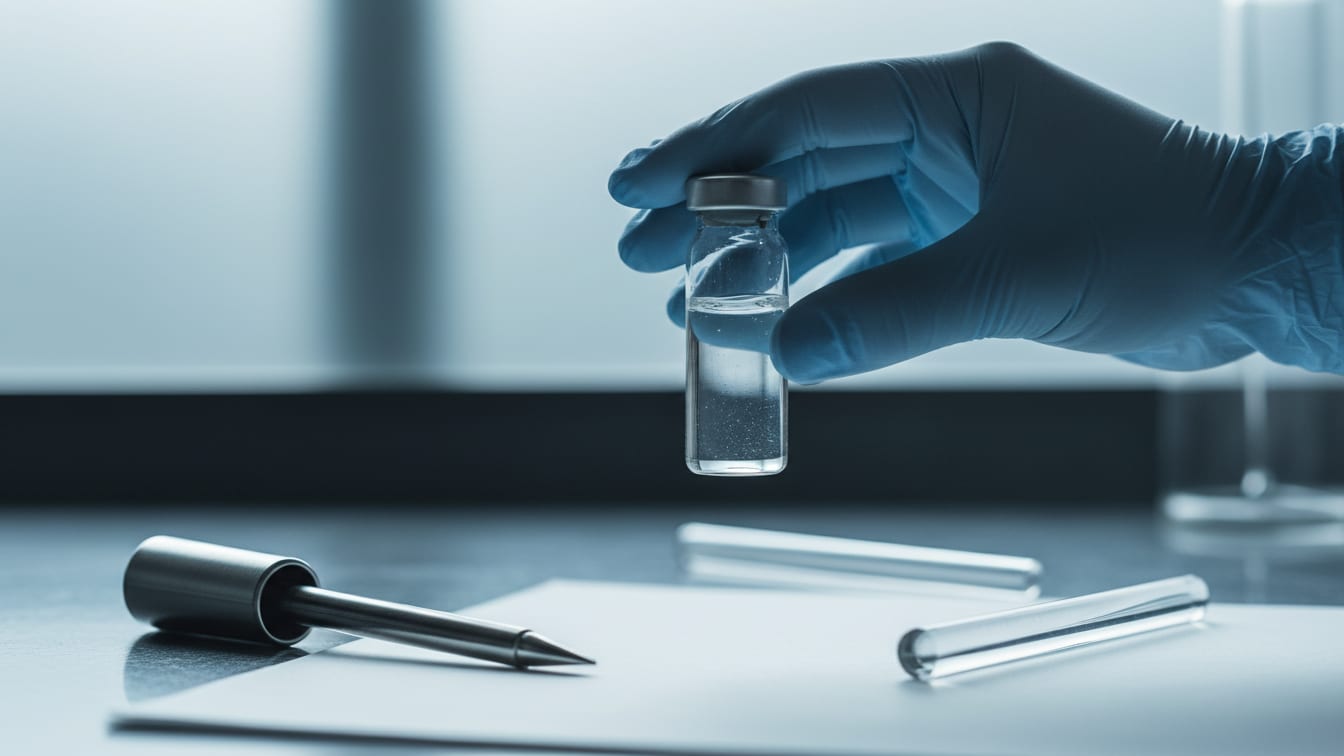 Illustration: A clear glass vial with liquid held by a gloved hand on a cool grey surface.