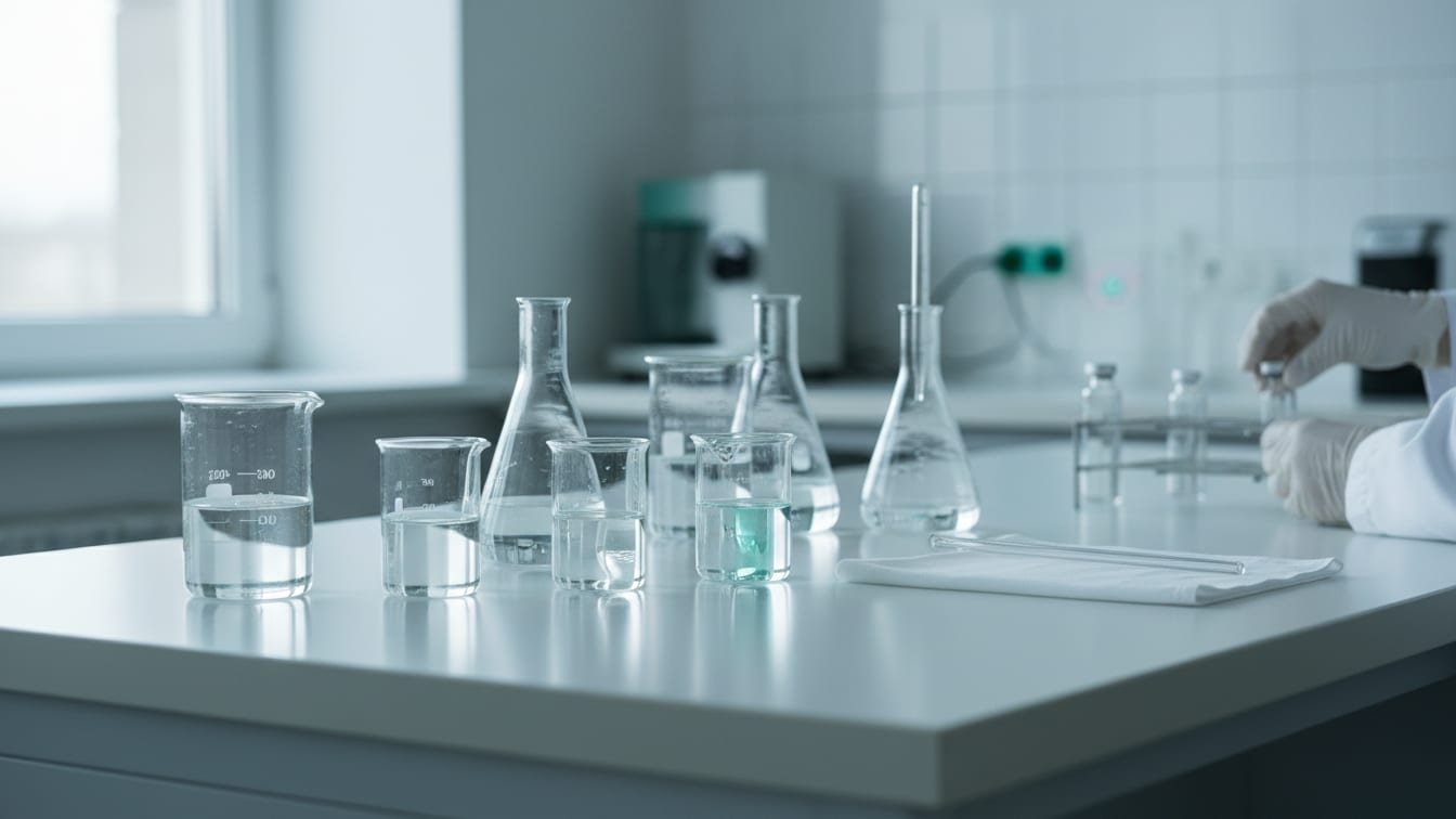 Illustration: Laboratory glassware containing clear liquids on a cool grey lab bench.
