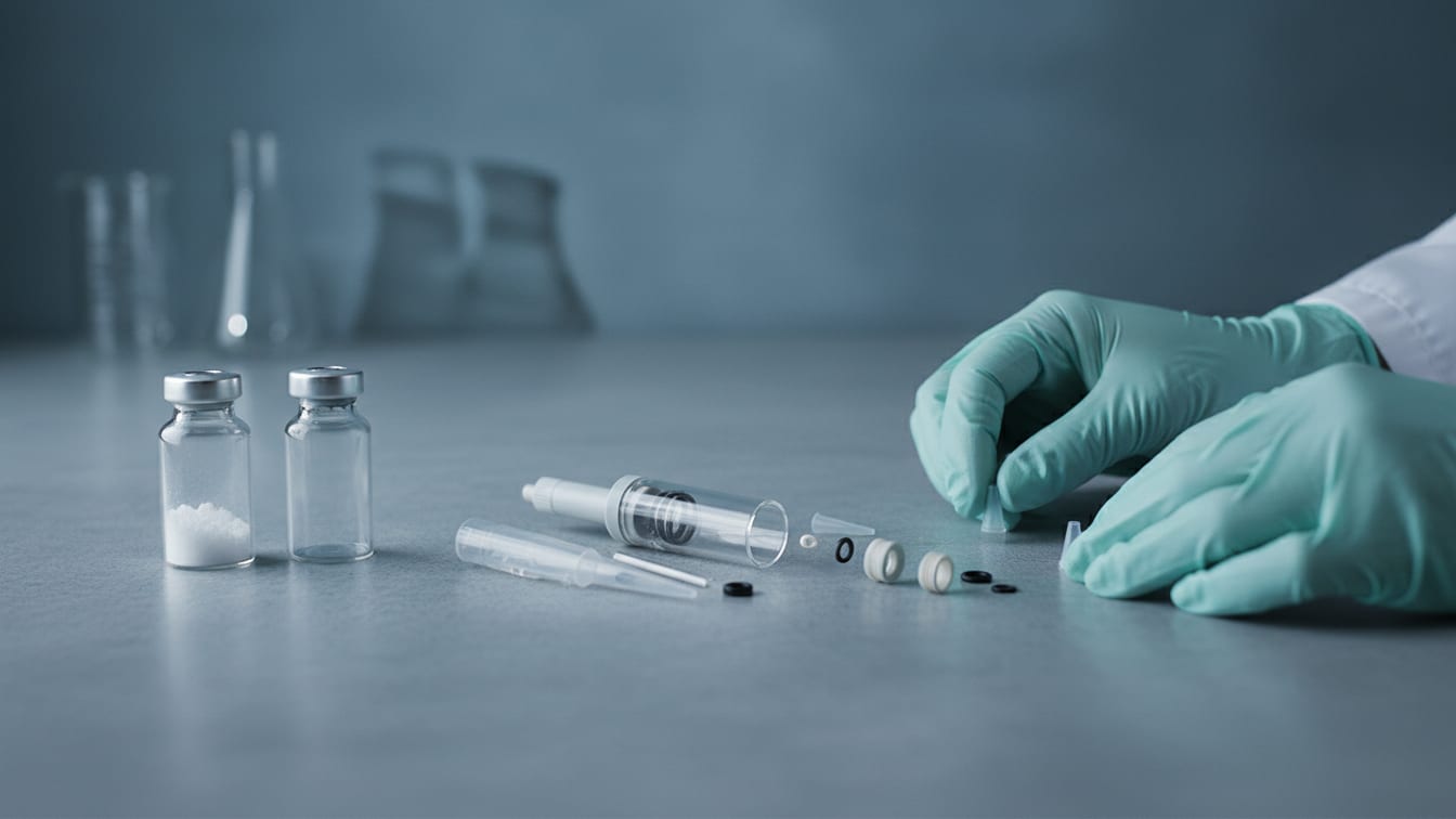 Illustration: A pipette and two vials on a lab bench, one vial with powder, the other empty.