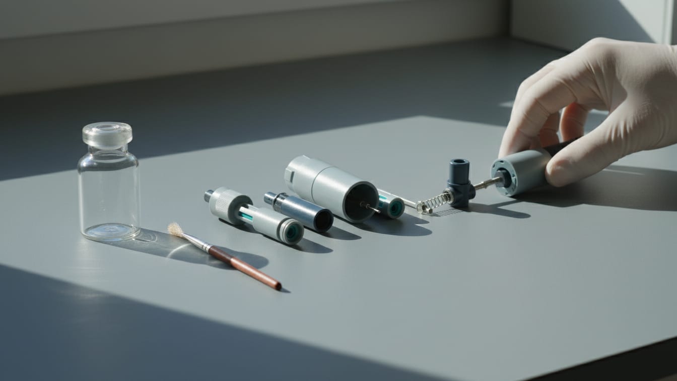 Illustration: A partially disassembled pipette and an empty vial on a cool grey lab bench.