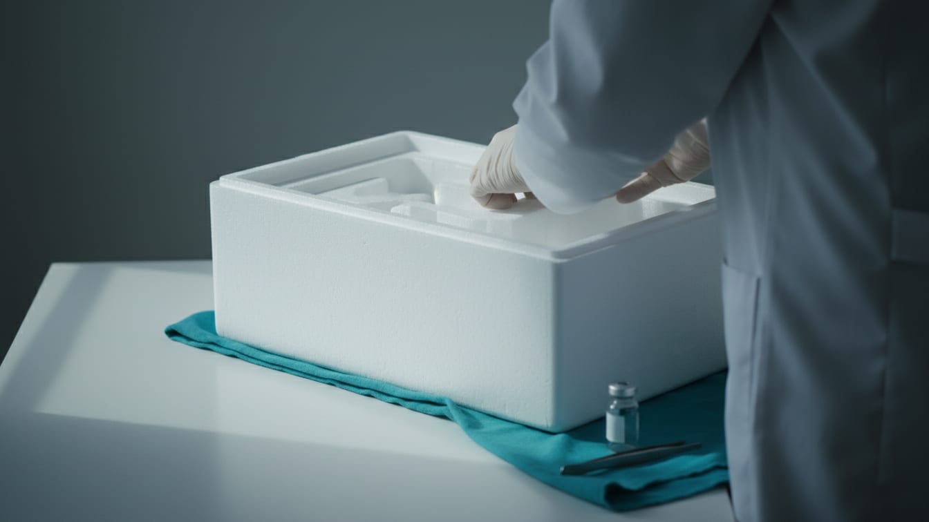 Illustration: An empty insulated shipping box with a foam insert on a white surface, lit by soft daylight.