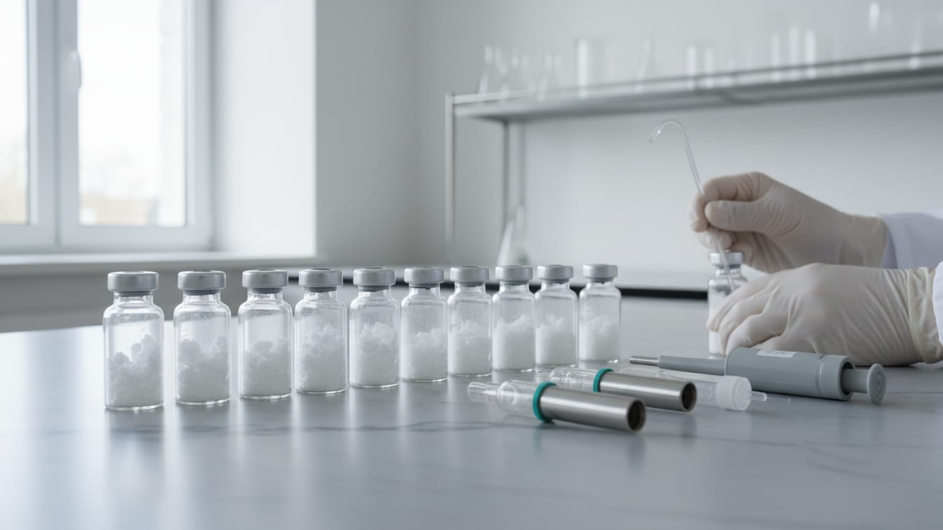 Illustration: Clear glass vials with lyophilized powder and a disassembled pipette on a cool grey lab bench.