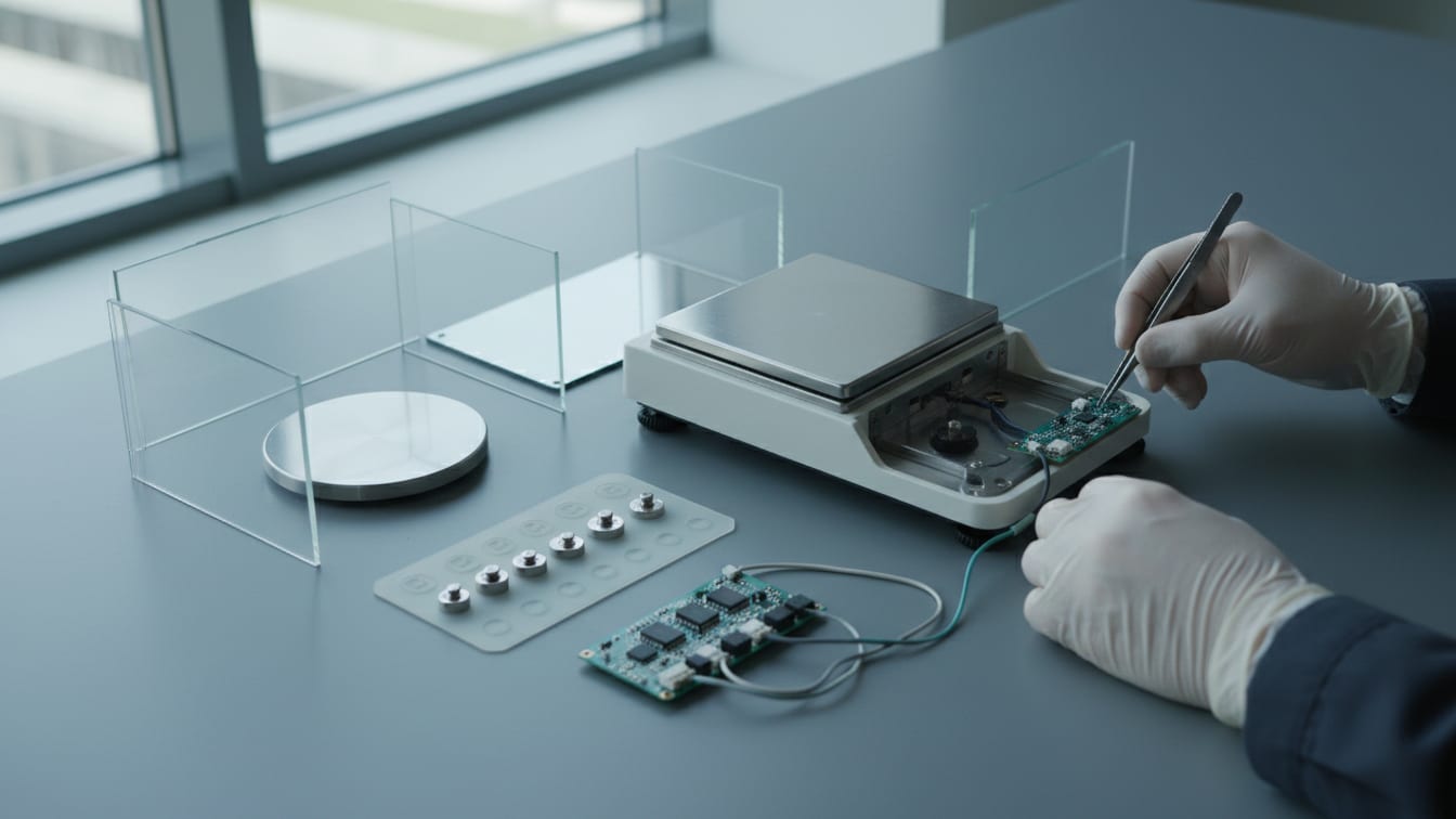 Illustration: Disassembled laboratory precision scale components on a cool grey lab bench.