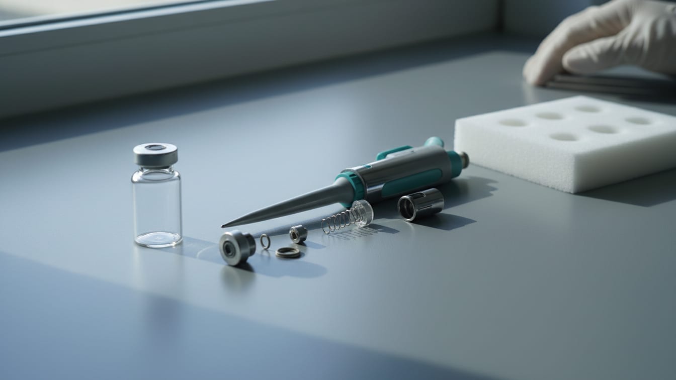 Illustration: A partially disassembled pipette, an empty vial, and a foam insert on a lab bench.