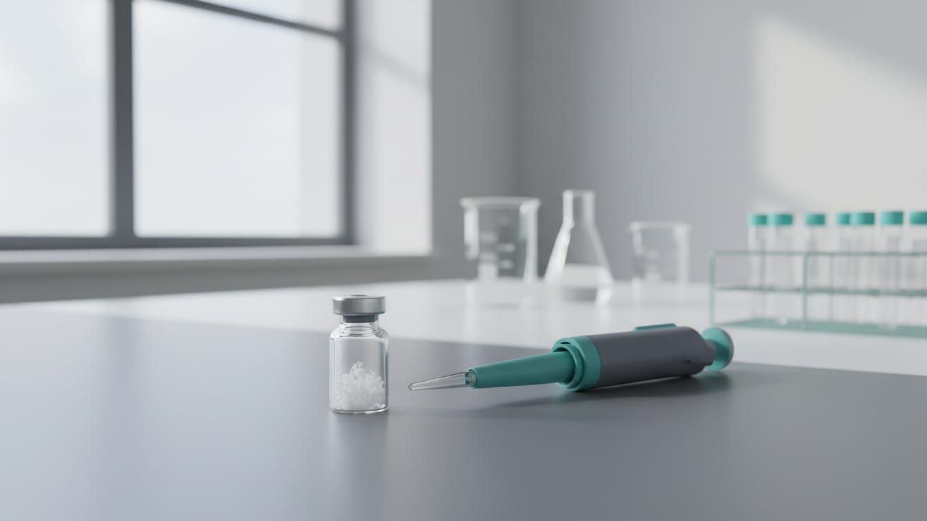 Illustration: A clear glass vial with white powder and a disassembled pipette on a grey lab bench.