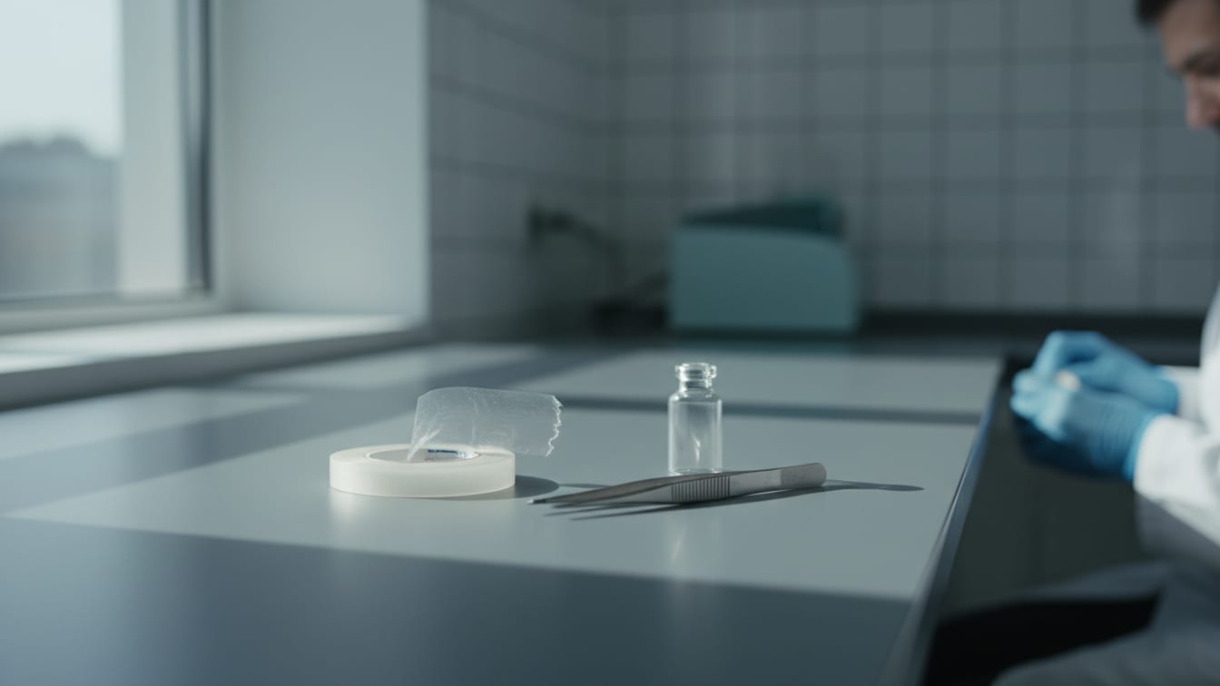 Illustration: Laboratory tape, tweezers, and an empty glass vial on a cool grey lab bench.