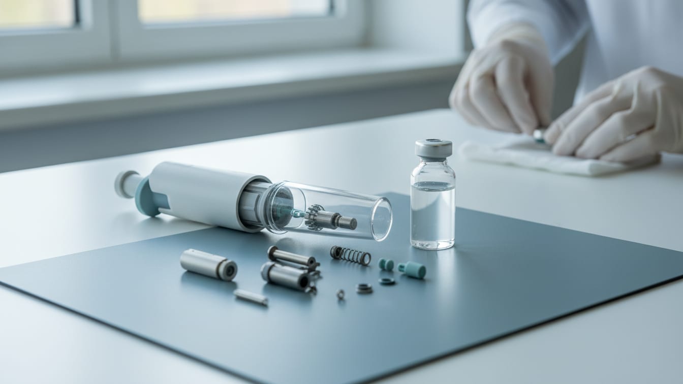 Illustration: A partially disassembled laboratory pipette and a clear glass vial on a white lab bench.