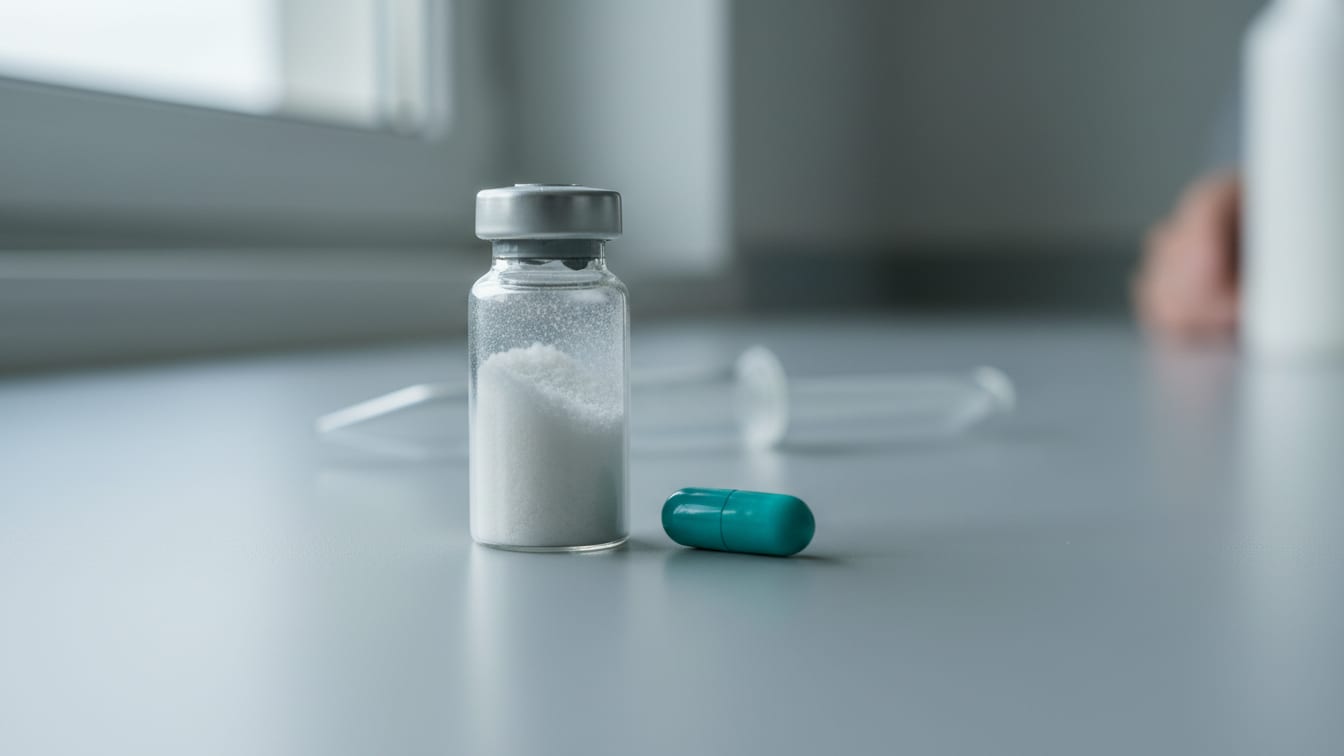Illustration: A clear glass vial with powder next to an oral supplement capsule on a lab bench.