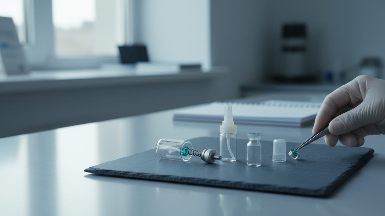 Illustration: A disassembled nasal spray device and an empty clear glass vial on a cool grey lab bench.