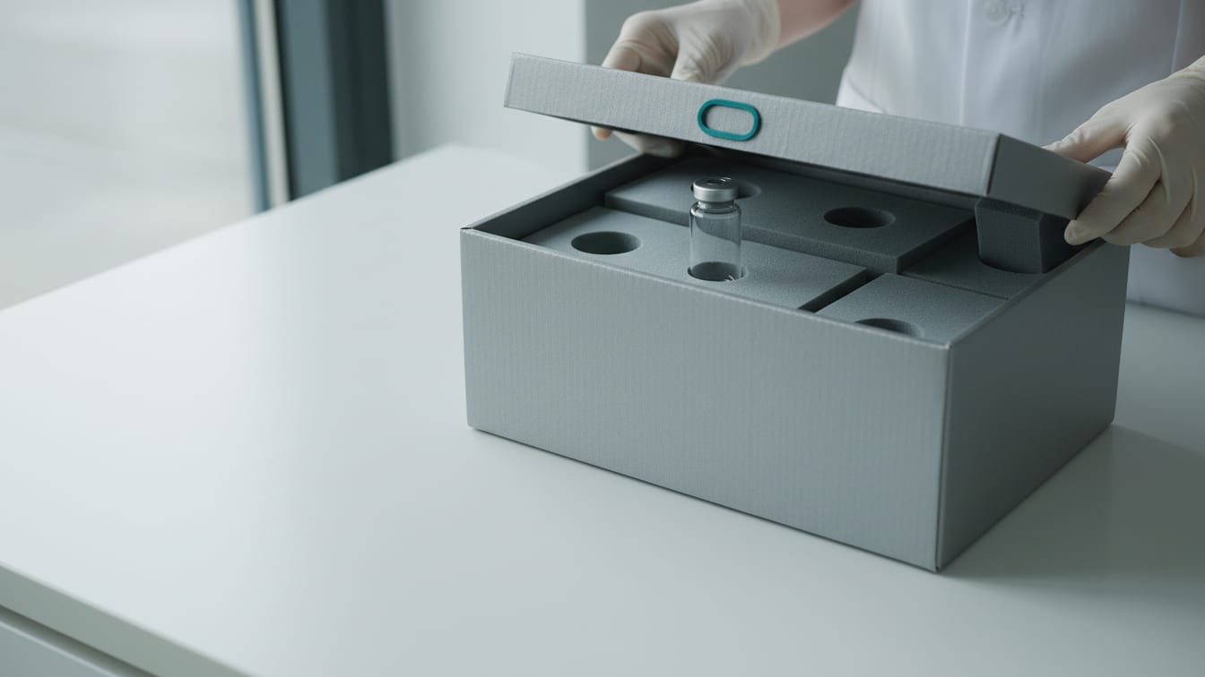 Illustration: An open insulated shipping box showing foam inserts and an empty clear glass vial on a white surface.