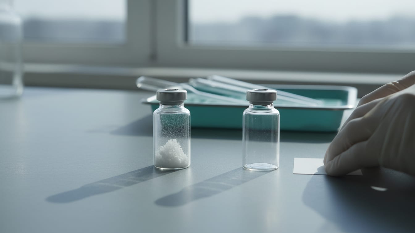 Illustration: Two clear glass vials, one with lyophilized powder, on a cool grey laboratory bench.