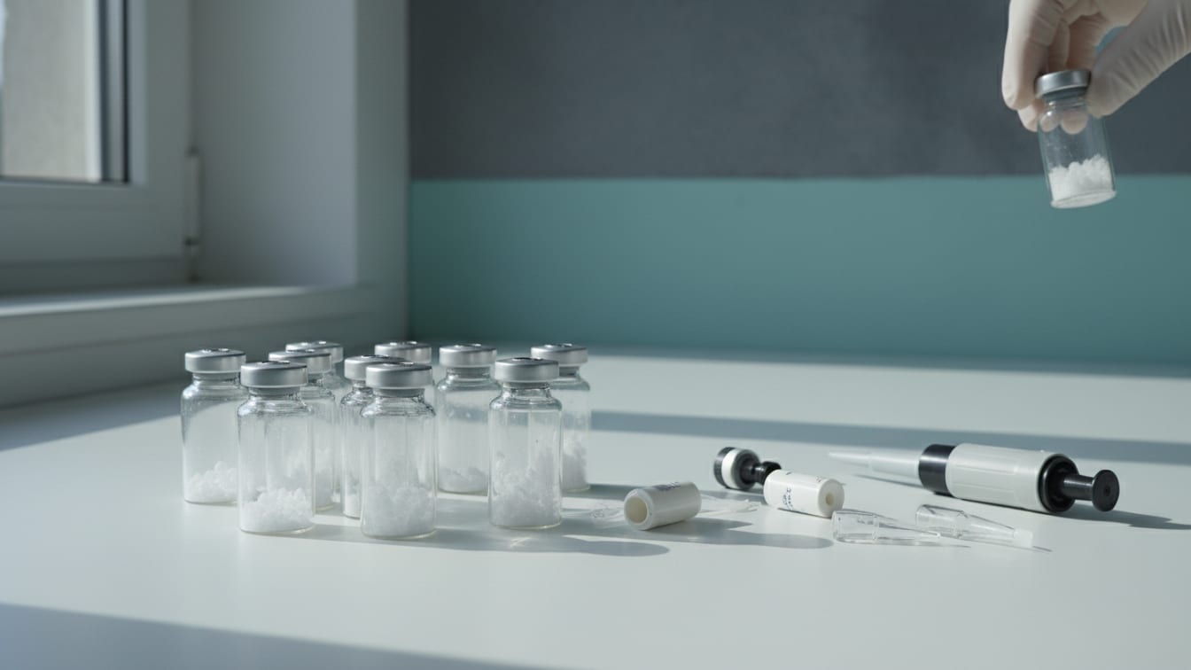 Illustration: Clear glass vials, some with powder, on a white lab bench with a disassembled pipette.