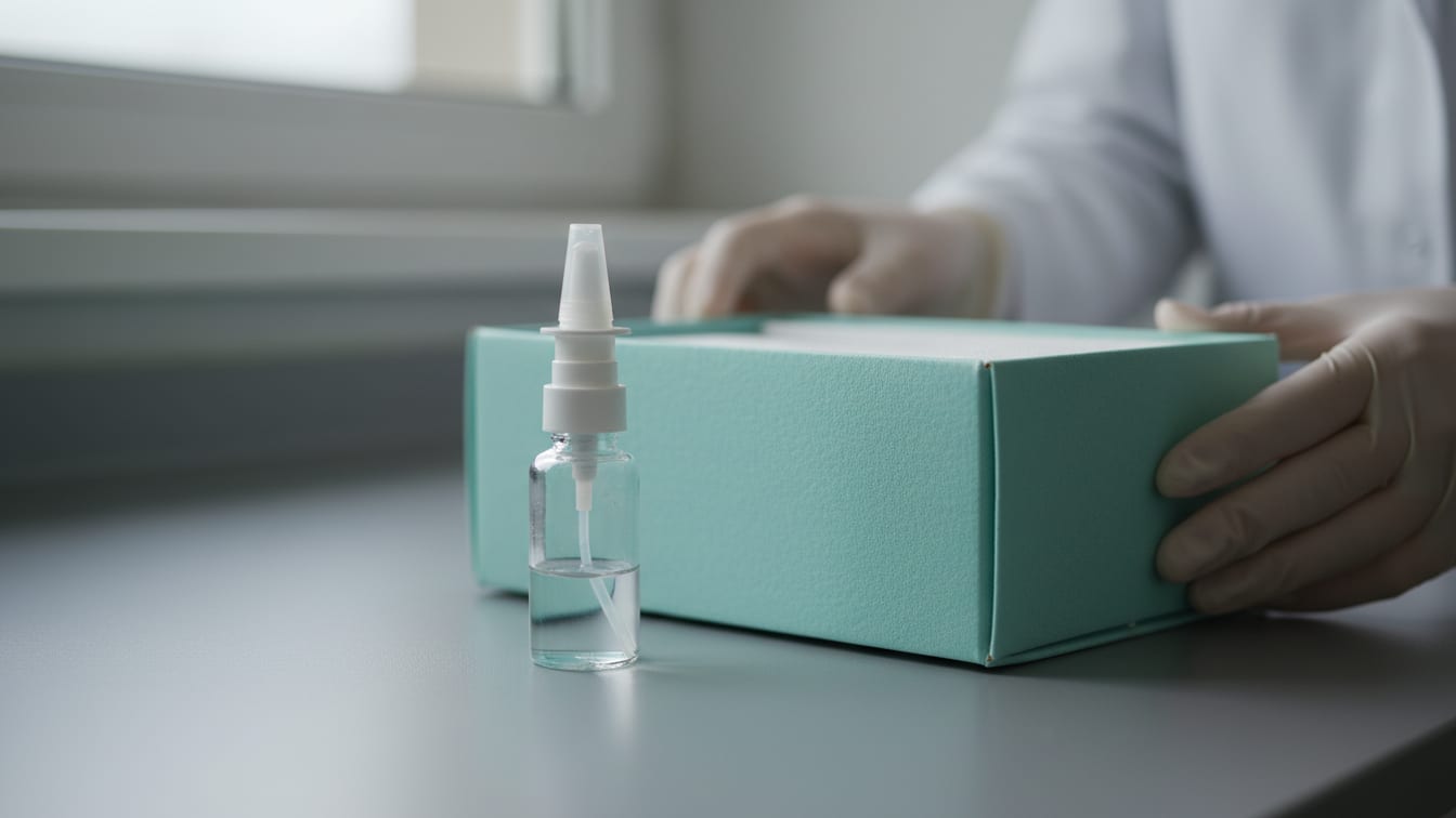Illustration: A nasal spray bottle and an insulated shipping box on a lab bench.