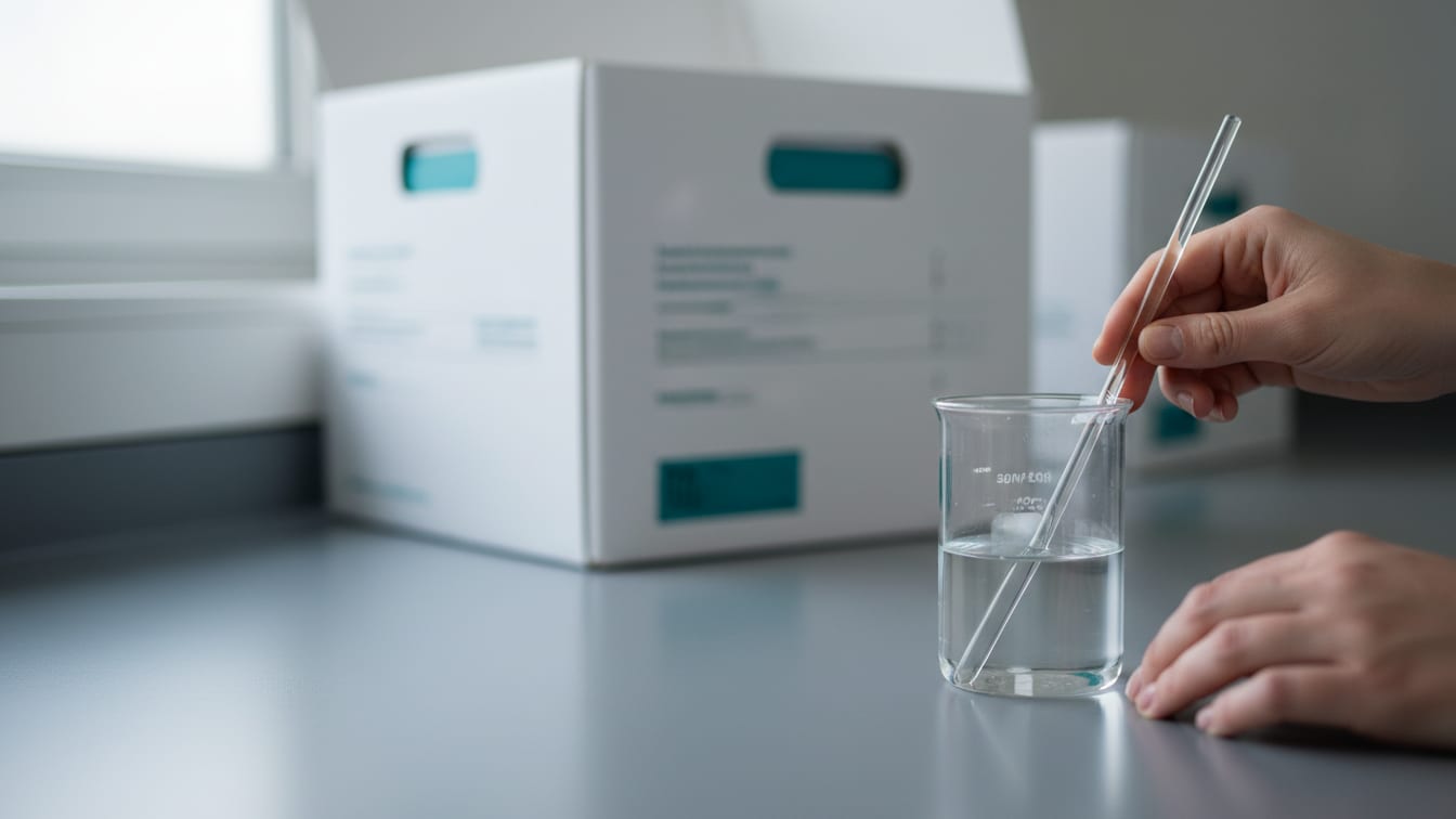 Illustration: A clear glass beaker with a stirring rod on a cool grey lab bench.