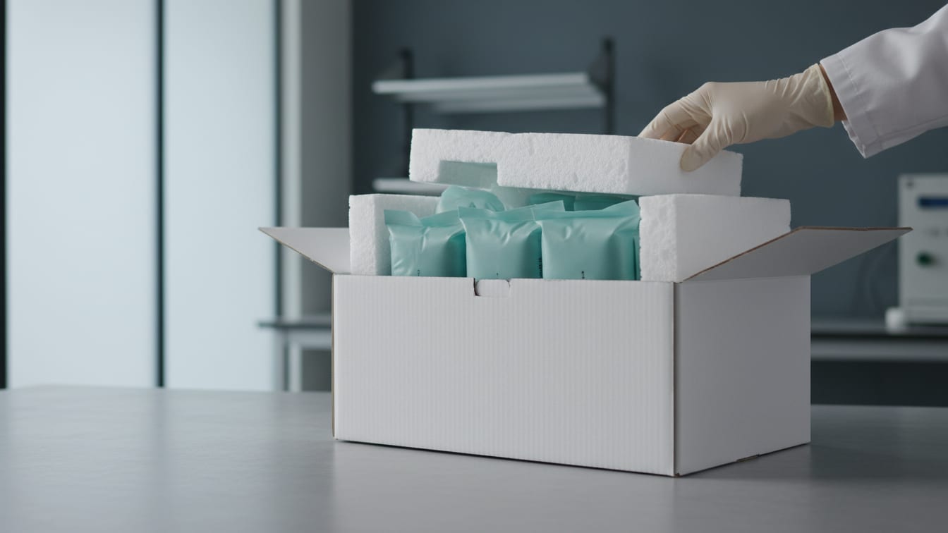Illustration: An open insulated shipping box with teal cold packs and foam inserts on a grey surface.