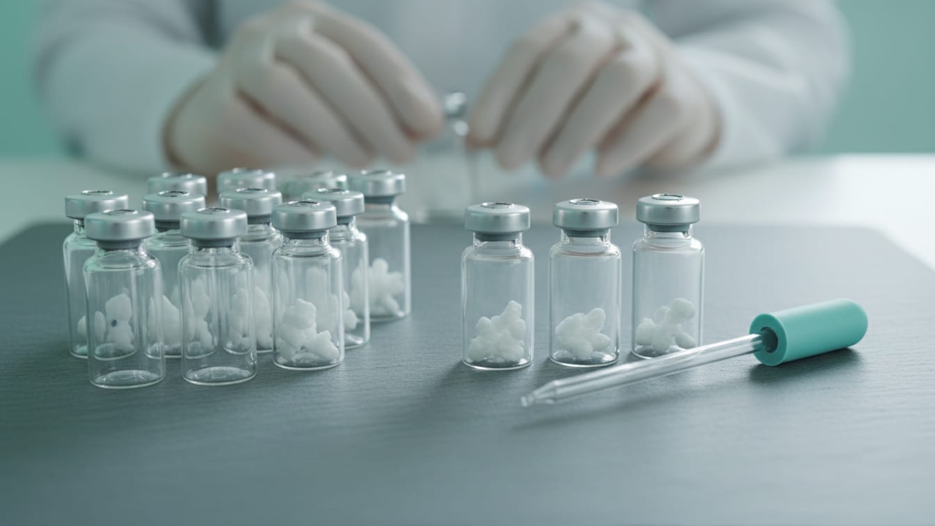 Illustration: Clear glass vials with and without powder, and a pipette, on a cool grey slate surface.