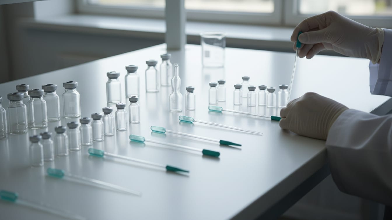 Illustration: Various clear empty glass vials and pipettes on a white laboratory bench.