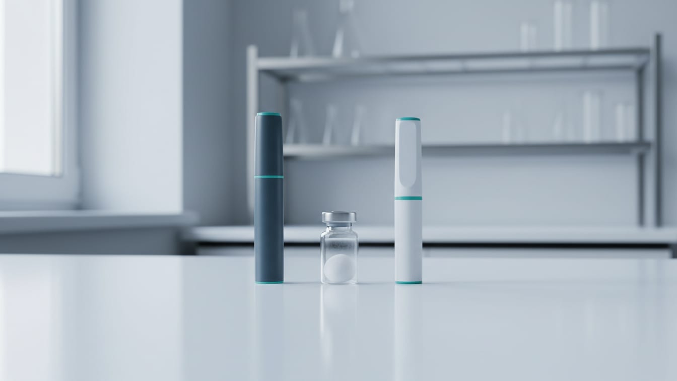 Illustration: A clear glass vial with lyophilized powder and two unbranded injection pens on a white lab bench.