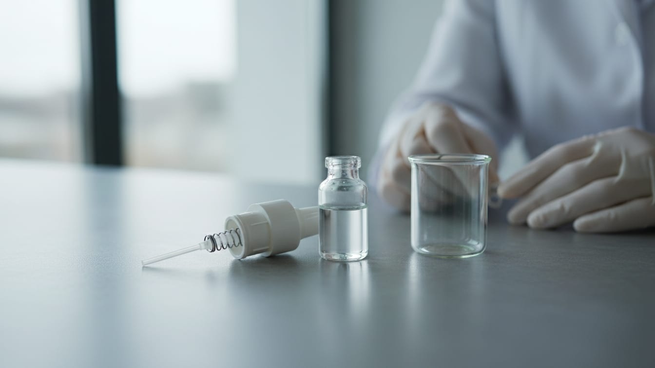 Illustration: A disassembled nasal spray device on a cool grey lab bench with an empty glass beaker.