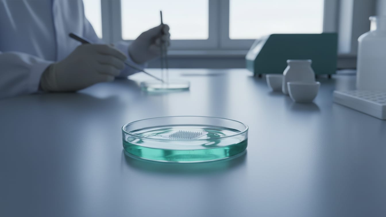 Illustration: A microneedle patch on a clear gel in a petri dish, on a cool grey lab bench.
