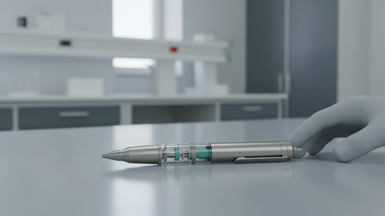 Illustration: A medical pen with an intricate dosing dial on a cool grey surface under soft light.