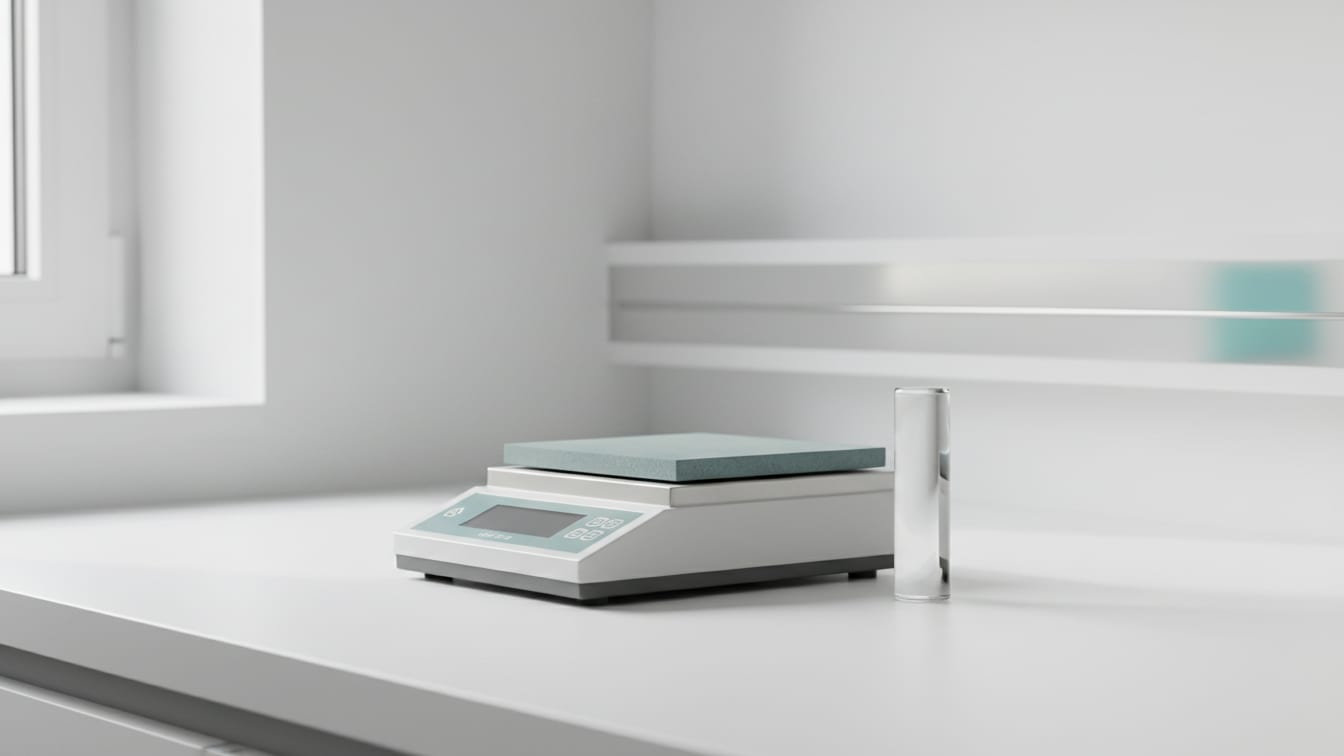 Illustration: A precision scale with an empty weighing pan, next to a clear glass vial on a lab bench.