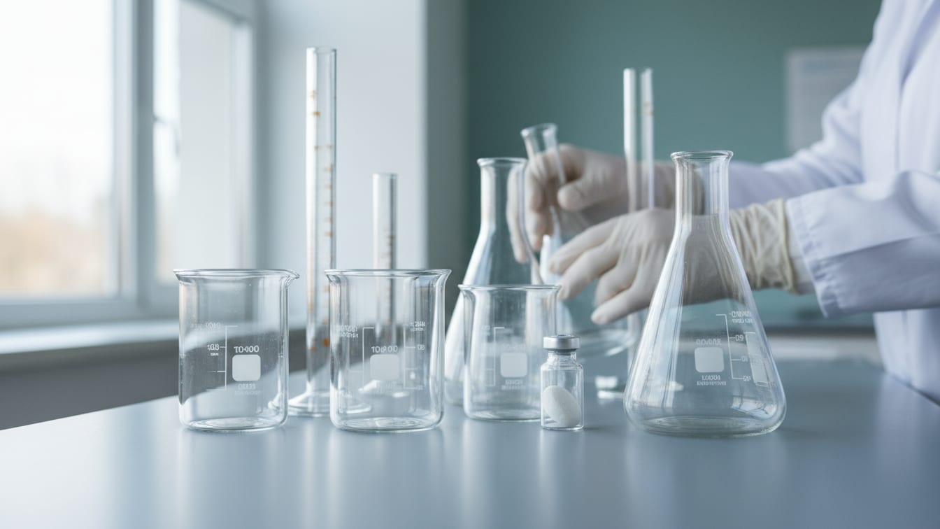 Illustration: Various empty laboratory glassware and a single clear glass vial with lyophilized powder on a cool grey.