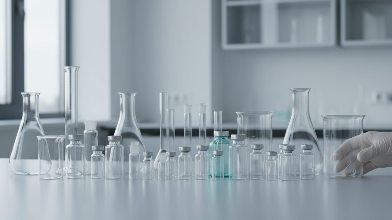 Illustration: A collection of empty glass vials and beakers on a cool grey lab bench.