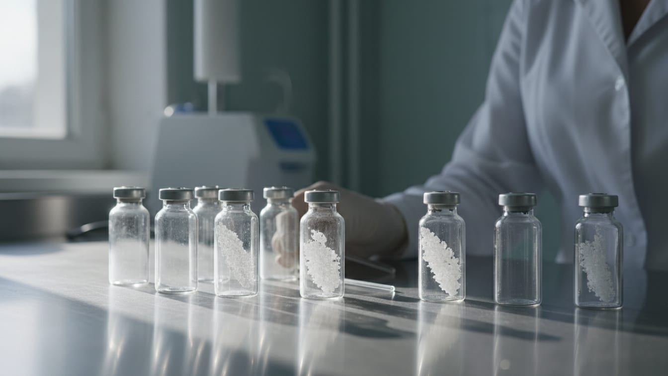 Illustration: Clear glass vials, some with powder, on a stainless steel surface in soft light.