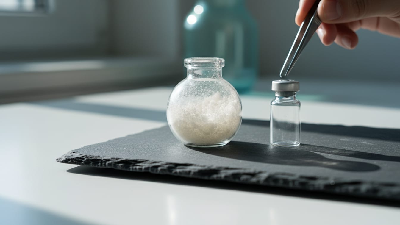 Illustration: Clear glass vials with lyophilized powder and an empty vial on a slate surface.