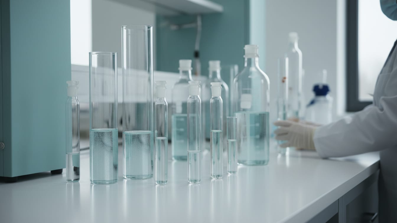 Illustration: Chromatography columns filled with resin on a white lab bench, showing the peptide purification process.