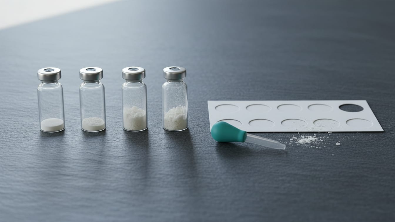 Illustration: Four glass vials with powder next to a blank color-reaction card on a slate surface.