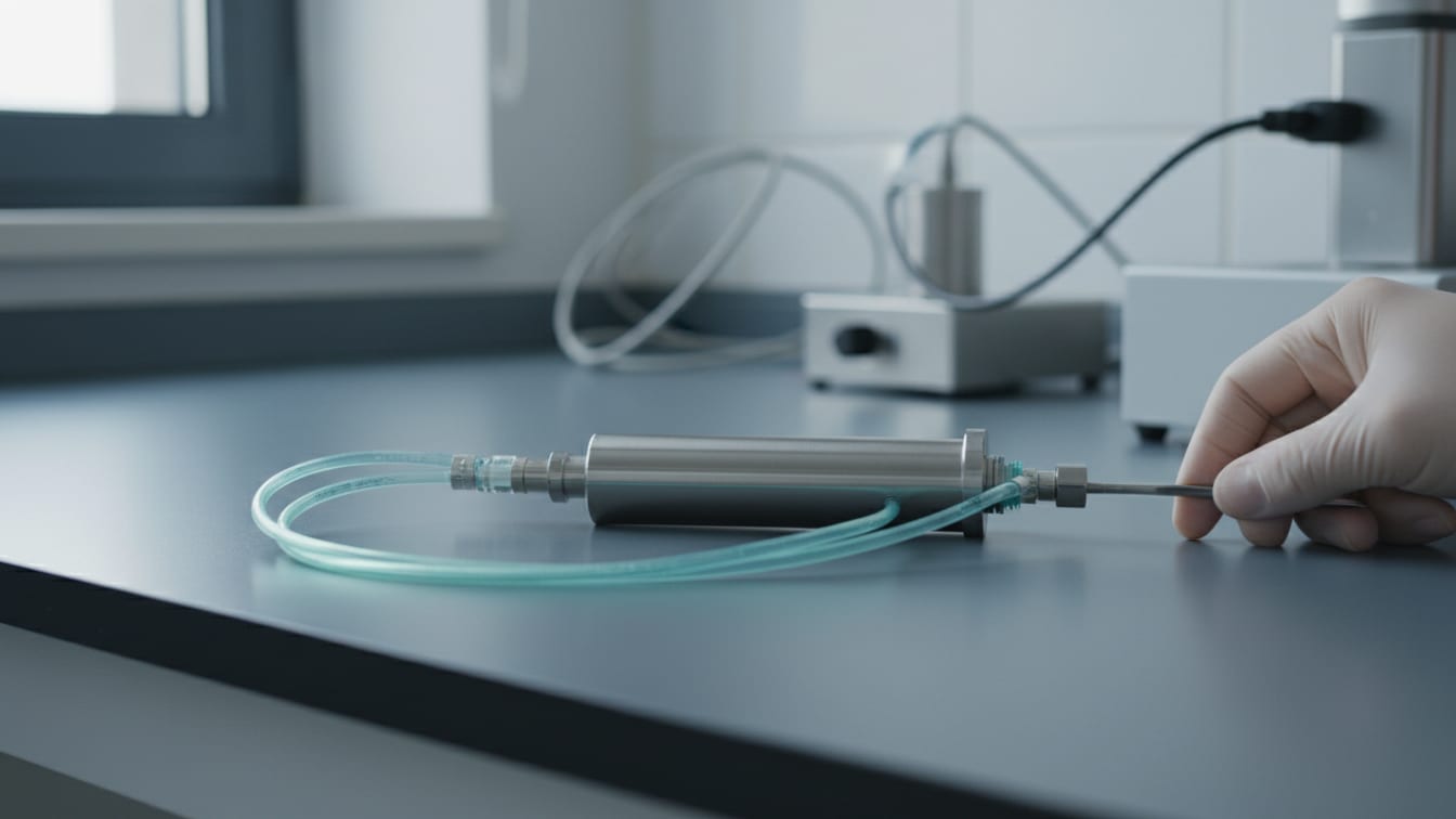 Illustration: A high-performance liquid chromatography (HPLC) column and tubing on a cool grey lab bench.