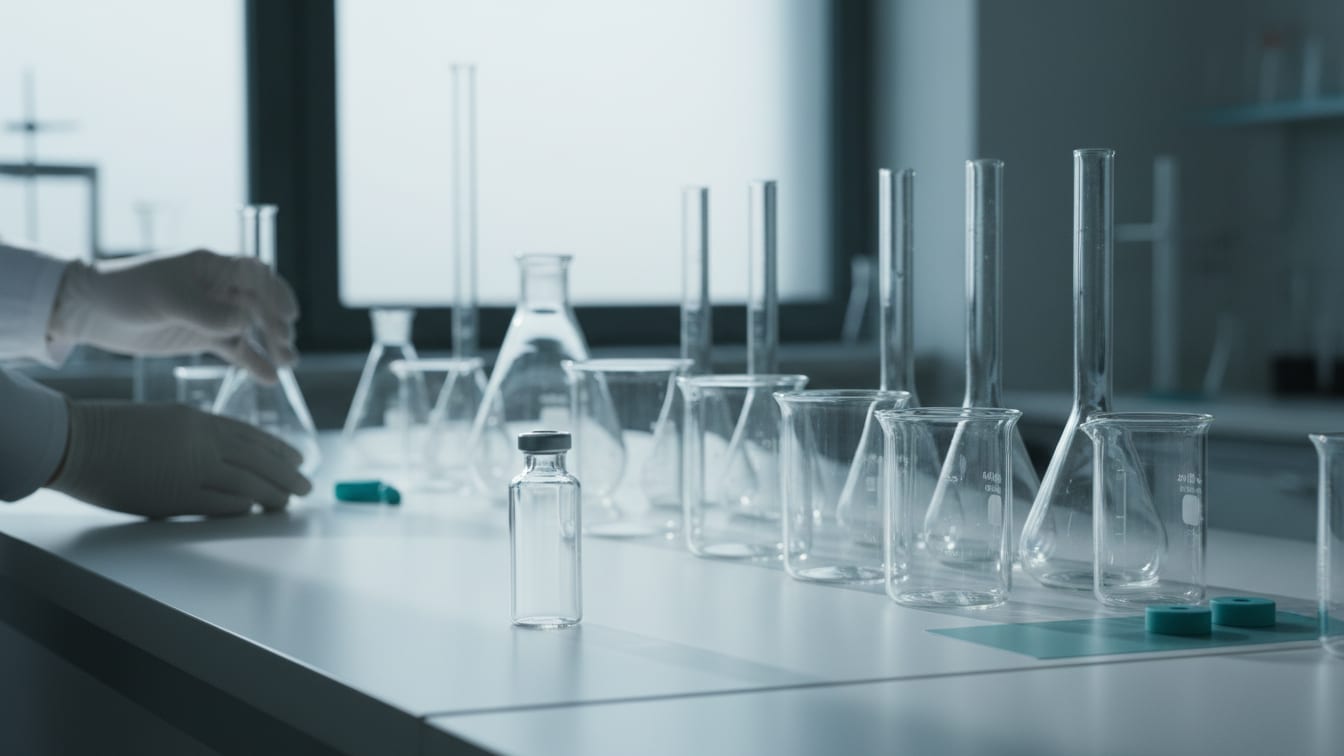 Illustration: Clear laboratory glassware of various sizes on a white lab bench with subtle teal accents.
