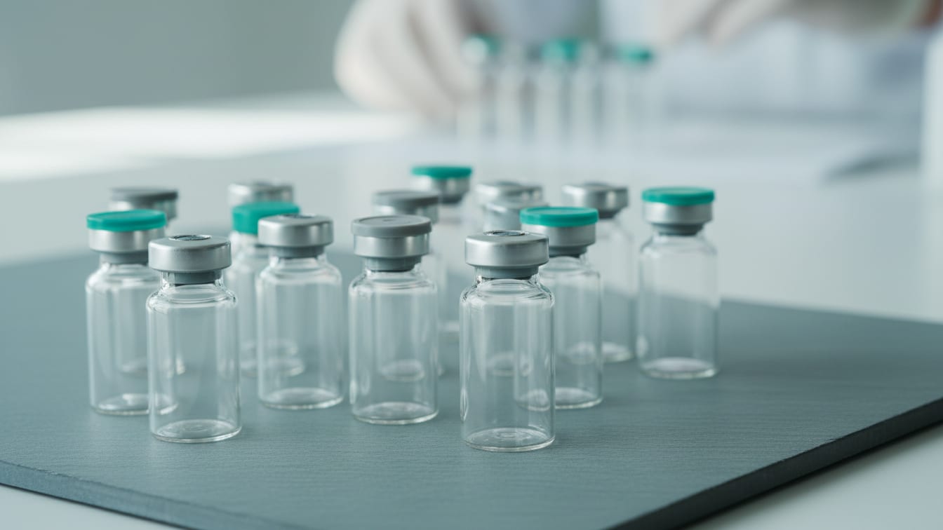 Illustration: Clear glass vials with different stoppers and crimp seals on a slate surface.