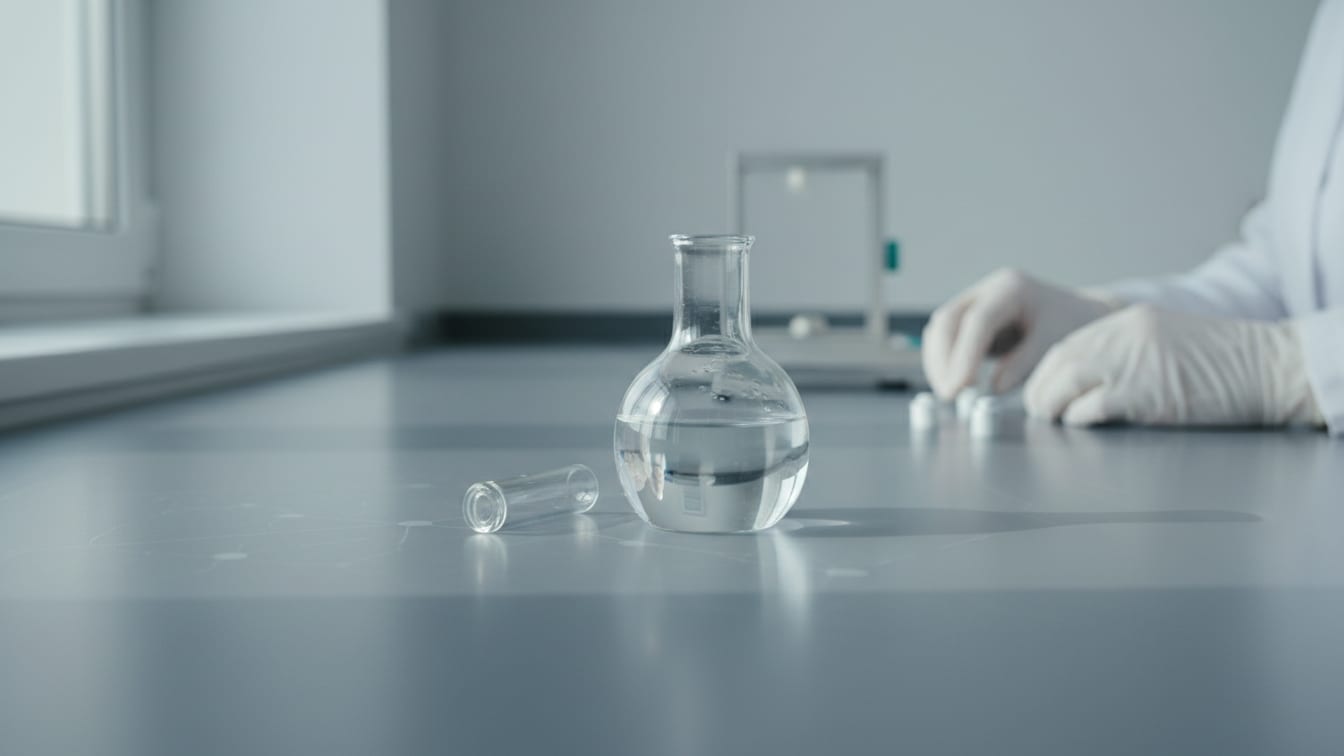 Illustration: A beaker with liquid and an empty vial on a cool grey lab bench.