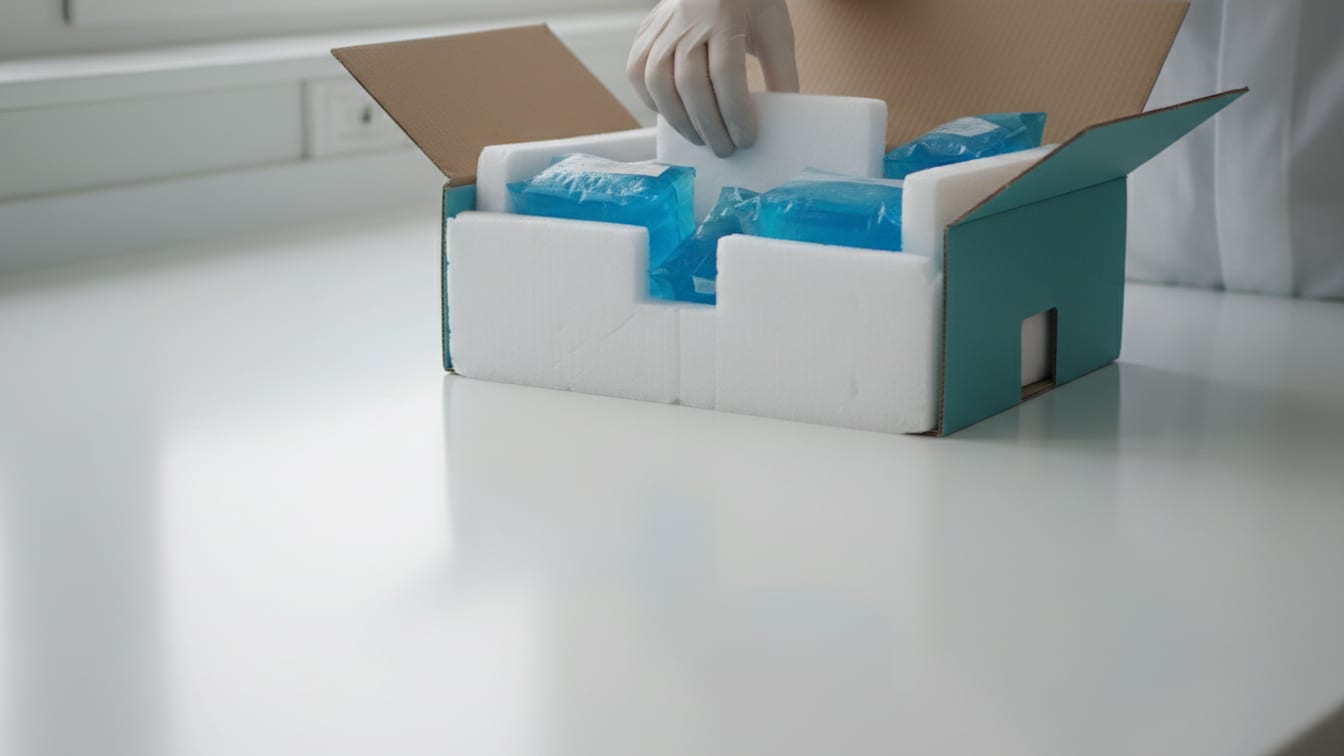 Illustration: An open insulated shipping box with gel packs and foam inserts on a white surface.