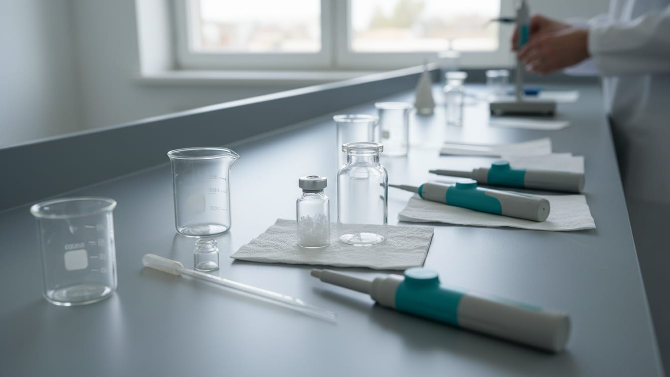 Illustration: Two clear glass vials and an array of laboratory pipettes and beakers on a cool grey lab bench.