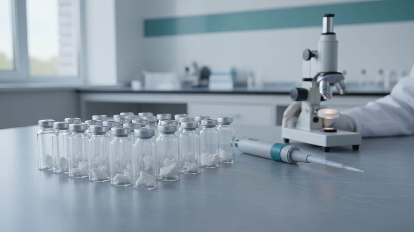 Illustration: A cool grey lab bench with clear glass vials, powder, a pipette, and a microscope.