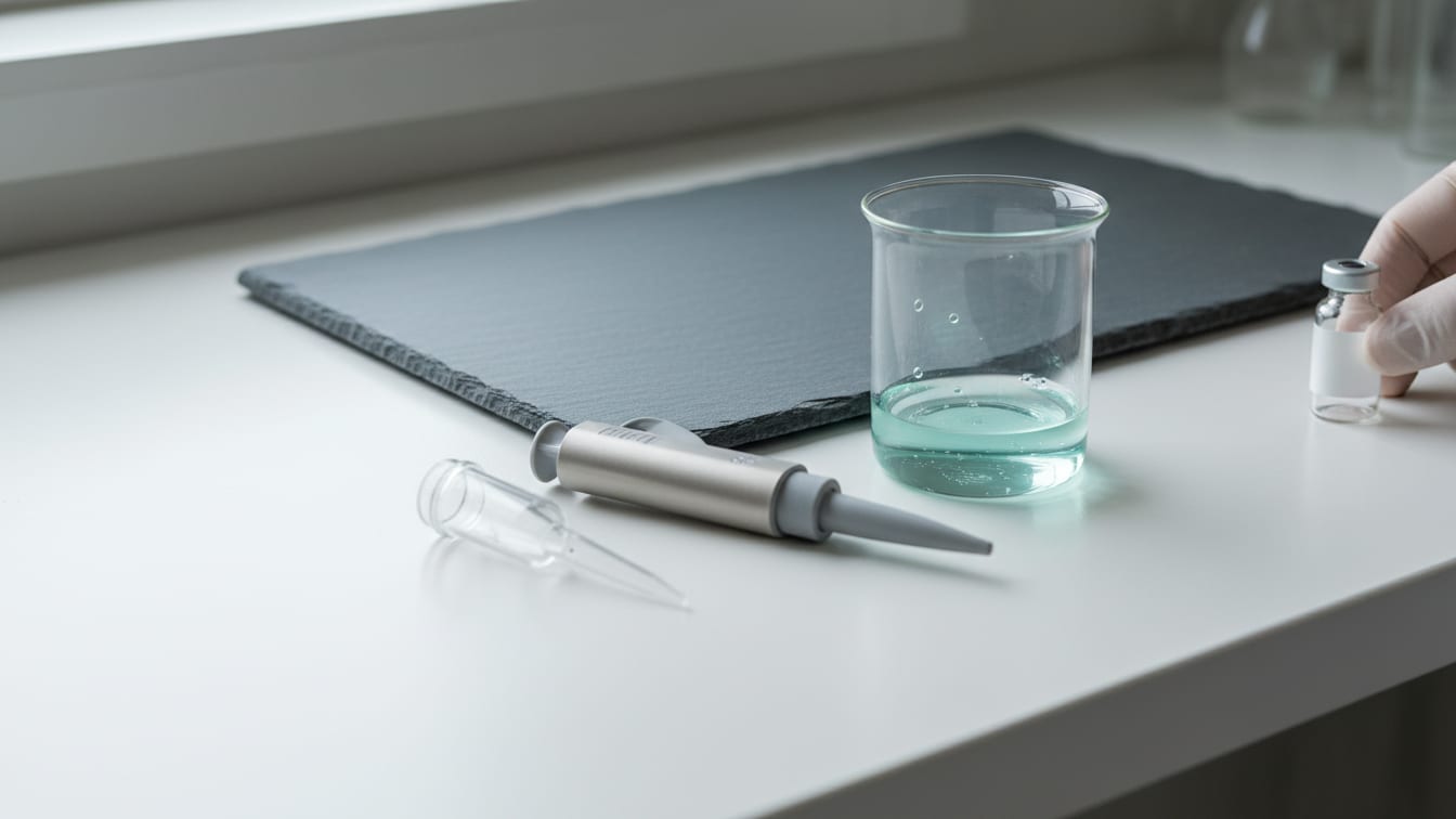 Illustration: A partially disassembled laboratory pipette next to a beaker of clear liquid on a white lab surface.